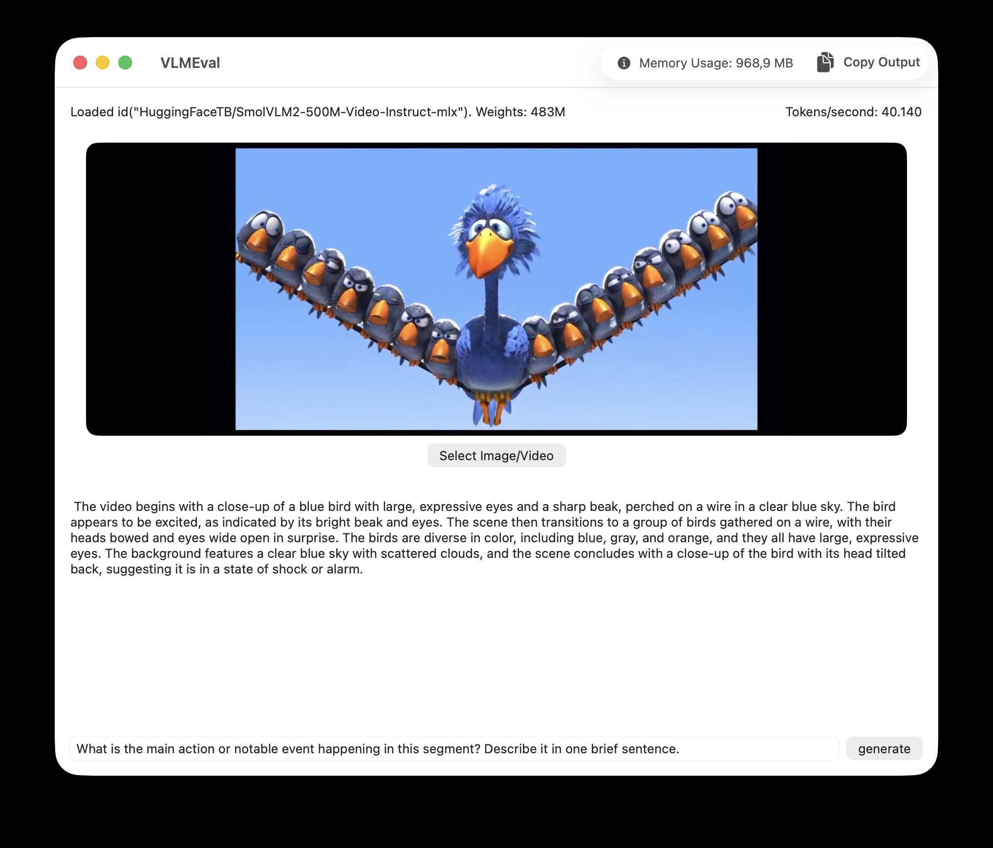 Test app from mlx-swift-examples, showing SmolVLM2 explaining actions in a video.