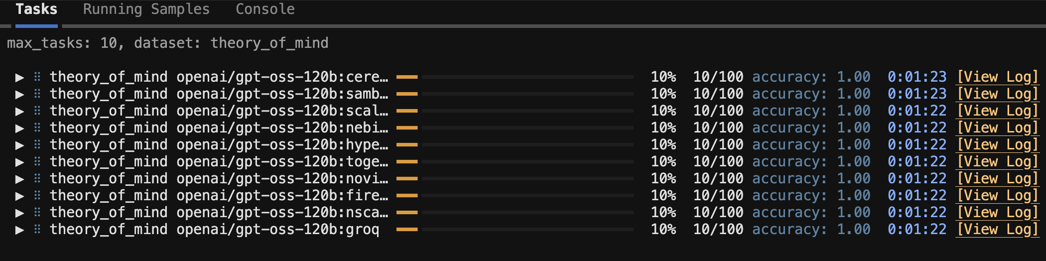 Screenshot of theory of mind's eval results across providers