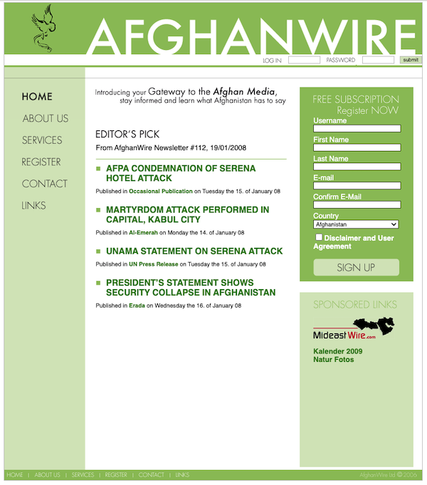 Screenshot of the Afghanwire website c. 2006
